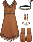 Foaincore 5 Pcs Native Princess Costume Set Aboriginal Dress Outfit for Halloween Cosplay Women