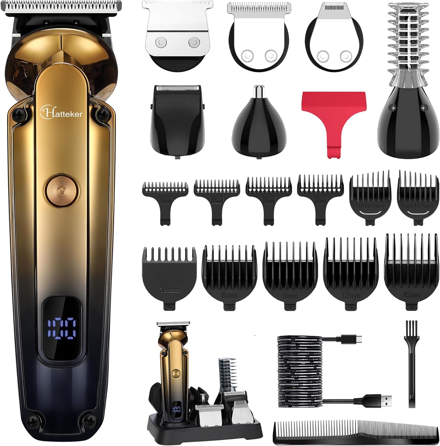 Hatteker Men's Beard Trimmer Kit Electric Razor Shaver Professional Hair Clipper with Zero Gapped T-Blade Nose Ear Beard Body Trimmer for Men Waterproof Cordless Grooming Kit 6 in 1