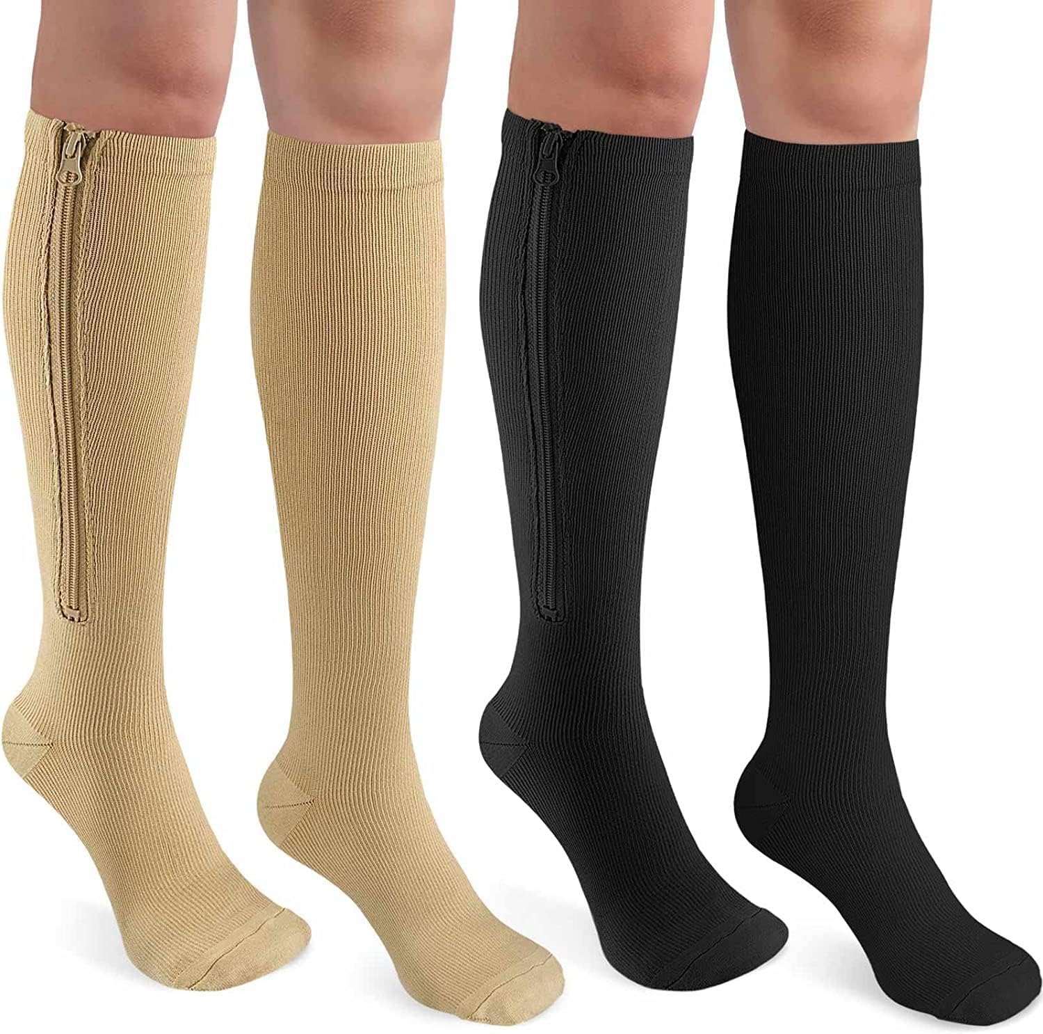 CASMON 2 Pairs Zipper Compression Socks for Women & Men,15-20 mmHg Closed Toe Knee High Support Sock for Varicose Vein Edema