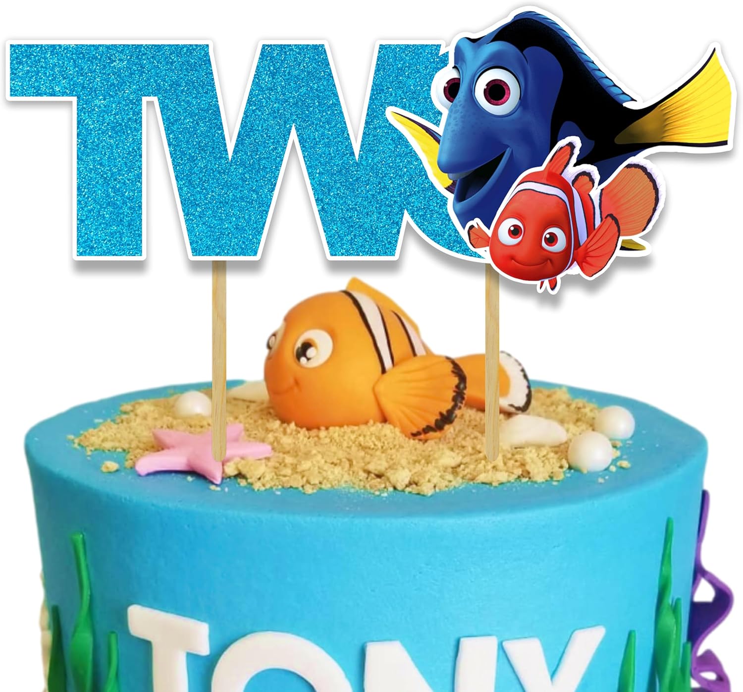 Findng Nmo Two Cake Topper Decoration for 2nd Birthday – Ocean Underwater Theme Cake Topper for Boys and Girls – Cute Fish Cartoon Character Cake Decoration – Style Birthday Party Supplies