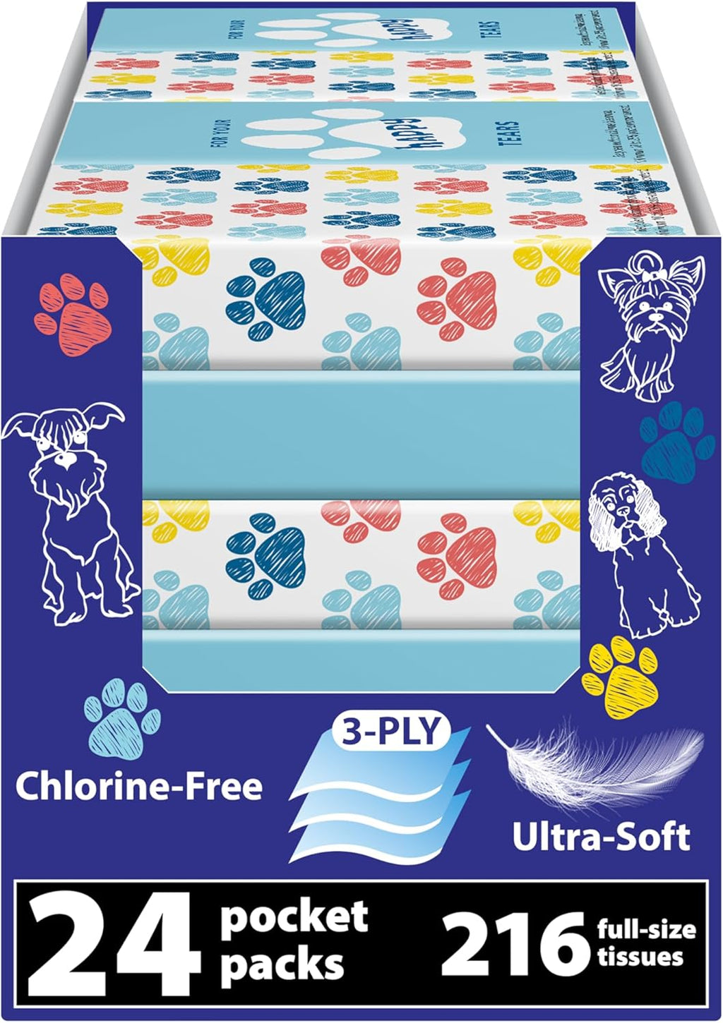 Travel Tissue Packs – 24 Compact 3-Ply Packs (216 Total), Soft Chlorine-Free Facial Tissues for Purse, Car, or School, Gentle & Durable, Non-Bleach, Playful Dog Design