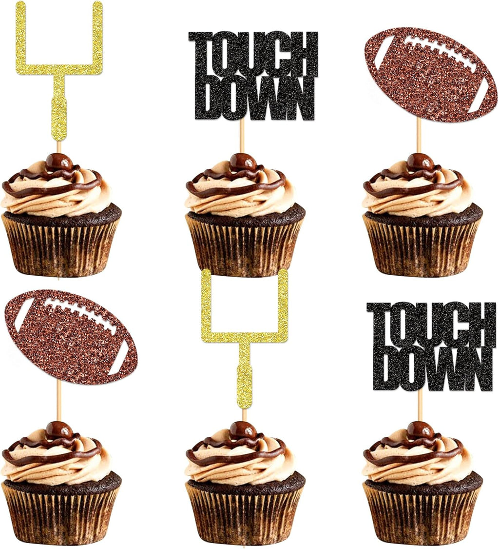 Ercadio 30Pcs Rugby Birthday Cupcake Toppers Glitter Sport American Football Cake Picks Decorations for Rugby Sports Theme Baby Shower Kids Birthday Supplies