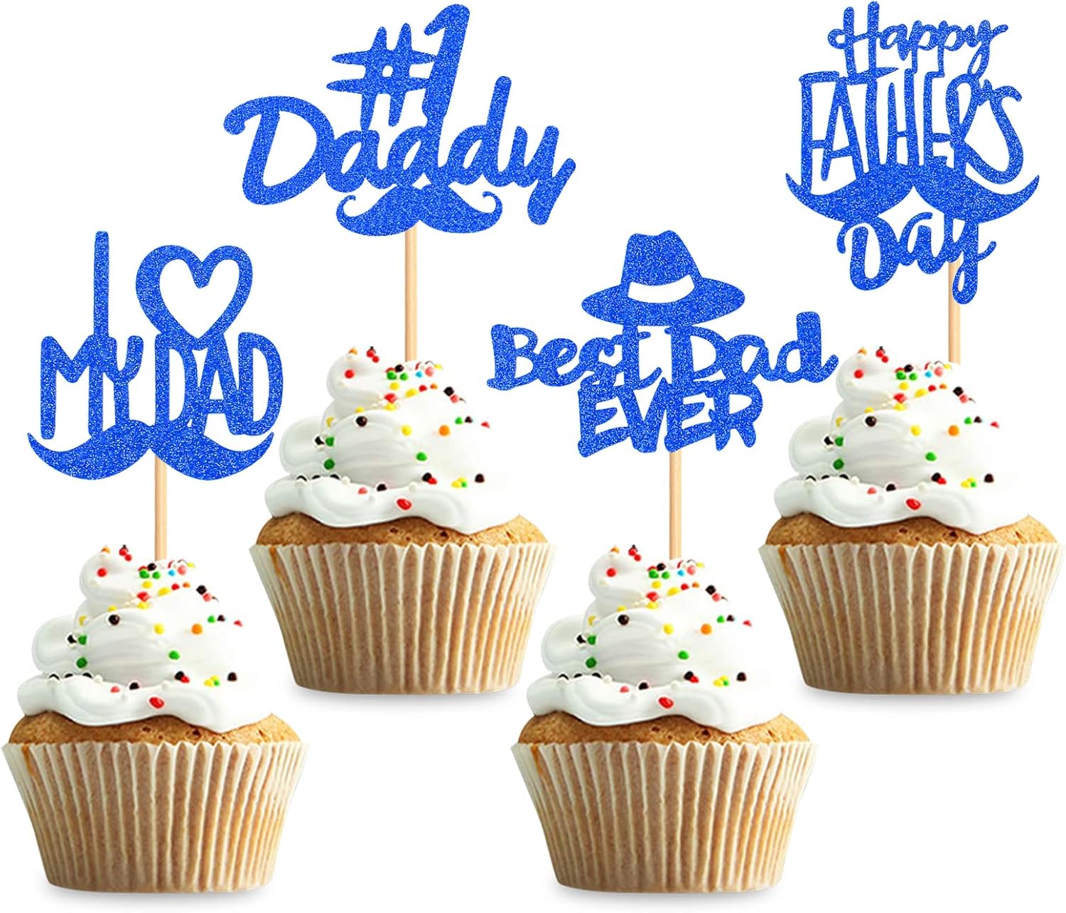 36Pcs Glitter Blue Happy Father's Day Cupcake Toppers I Love My Dad Cupcake Picks Daddy Food Picks for Dad's Birthday Party Decorations Happy Father's Day Party Cake Cupcake Decorations