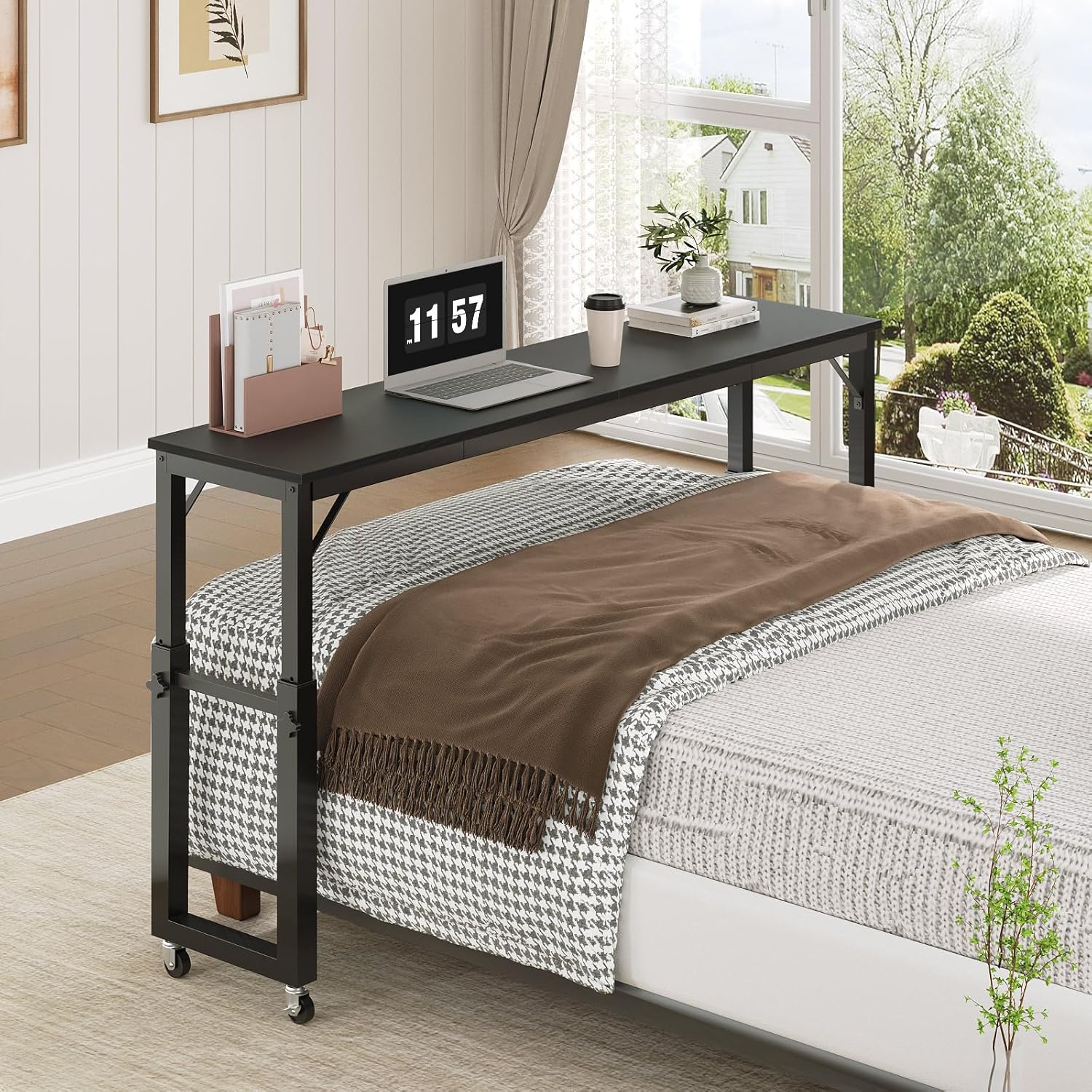 Overbed Table with Wheels, Queen Size Mobile Bed Desk with Adjustable Height, Rolling Table, Laptop Table, Recliner Desk, for Bedroom, Living Room, Office, Black MTBK18001