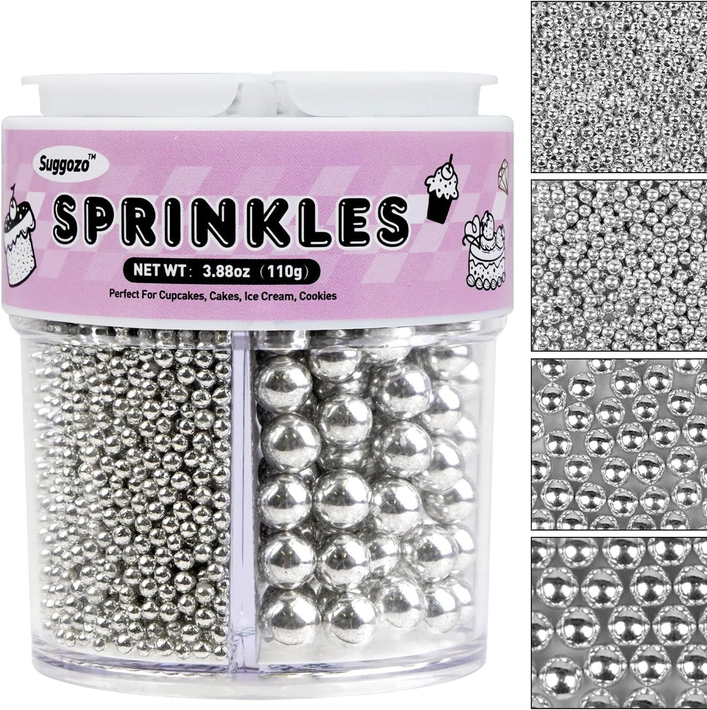 Silver Pearl Sugar Sprinkles, Edible Silver Ball Pearls for Cake Decorating, Cake Decorations, Cupcake Toppers, Wedding Party Birthday Supplies, 110g/3.88oz (4 Sizes Mix)
