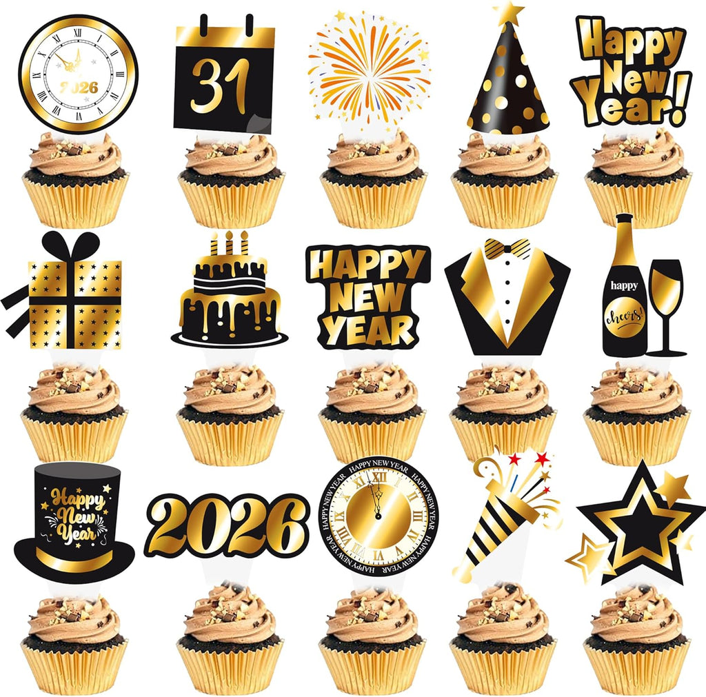 Happy New Year 2026 Cupcake Toppers 48Pcs 2026 New Years Eve Party Supplies Black and Gold New Years Party Cake Decoration for New Year Theme Countdown Decor
