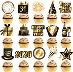 Happy New Year 2026 Cupcake Toppers 48Pcs 2026 New Years Eve Party Supplies Black and Gold New Years Party Cake Decoration for New Year Theme Countdown Decor