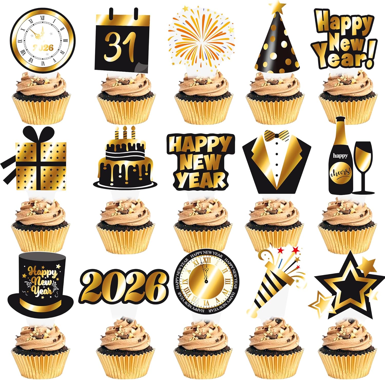 Happy New Year 2026 Cupcake Toppers 48Pcs 2026 New Years Eve Party Supplies Black and Gold New Years Party Cake Decoration for New Year Theme Countdown Decor