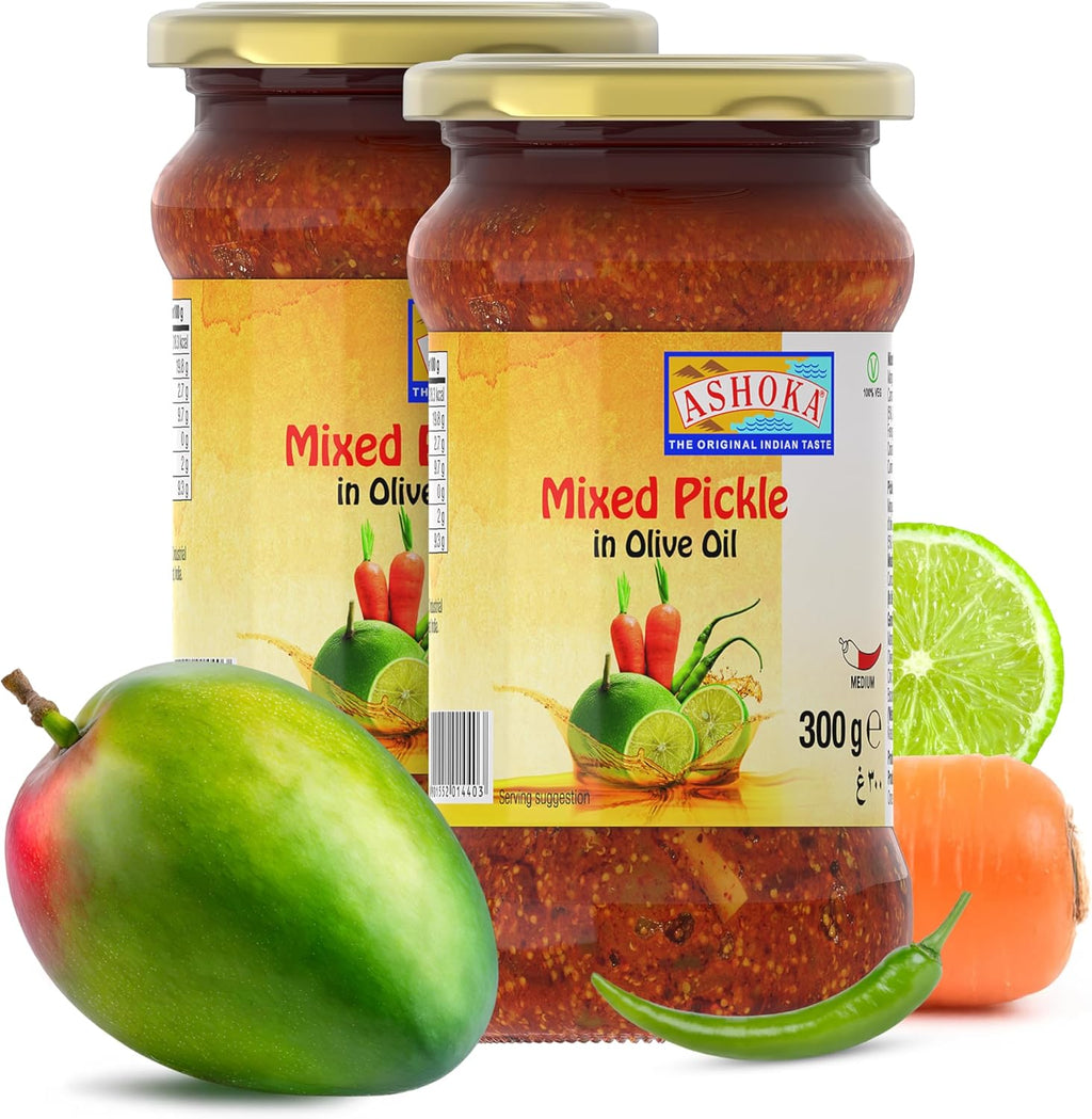 Ashoka 1932 | All Natural | Pickle in Olive Oil | Mixed Vegetables | Authentic Indian Achar Recipe | Great for Seasoning | Snacks | 300 Grams Glass Jar (Pack of 2)