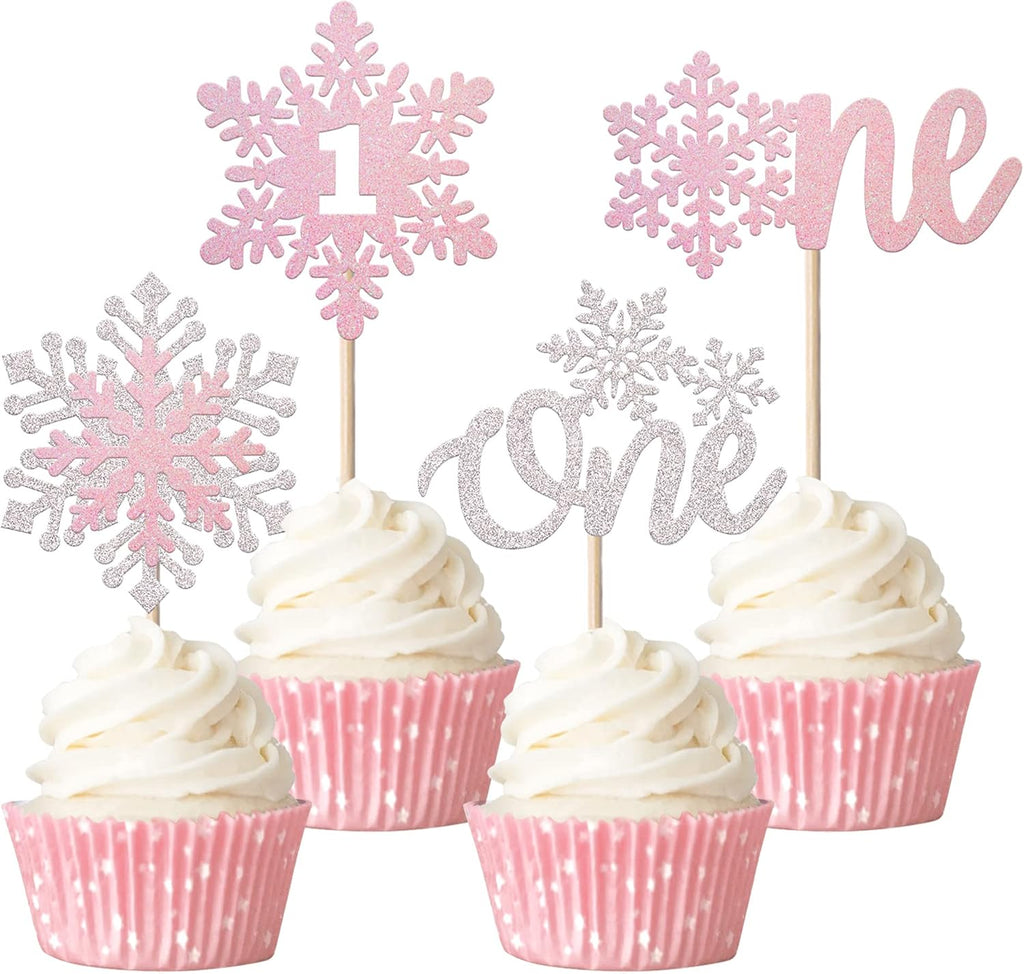 Rsstarxi 24 Pack One Cupcake Toppers - 1st Birthday Snowflake Cupcake Picks - First Birthday Cake Decorations - Silver Pink