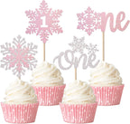 Rsstarxi 24 Pack One Cupcake Toppers - 1st Birthday Snowflake Cupcake Picks - First Birthday Cake Decorations - Silver Pink