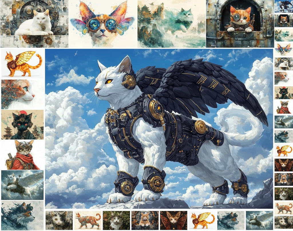 Decoupage Paper Pack (35 Sheets 6"x8") Steampunk Feline Parade ~ Inventive Steampunk Cats in Goggles, Armor, and Mechanical Wings Set in Surreal, Whimsical Backgrounds with Rich Artistic Details