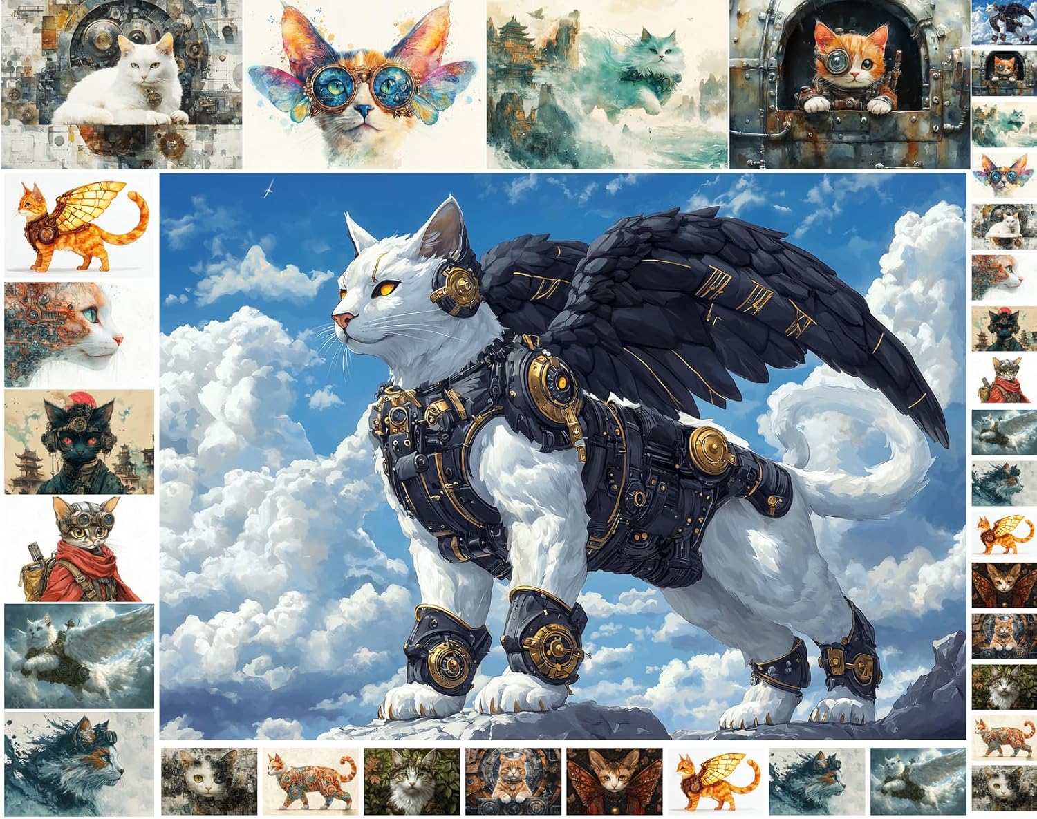 Decoupage Paper Pack (35 Sheets 6"x8") Steampunk Feline Parade ~ Inventive Steampunk Cats in Goggles, Armor, and Mechanical Wings Set in Surreal, Whimsical Backgrounds with Rich Artistic Details