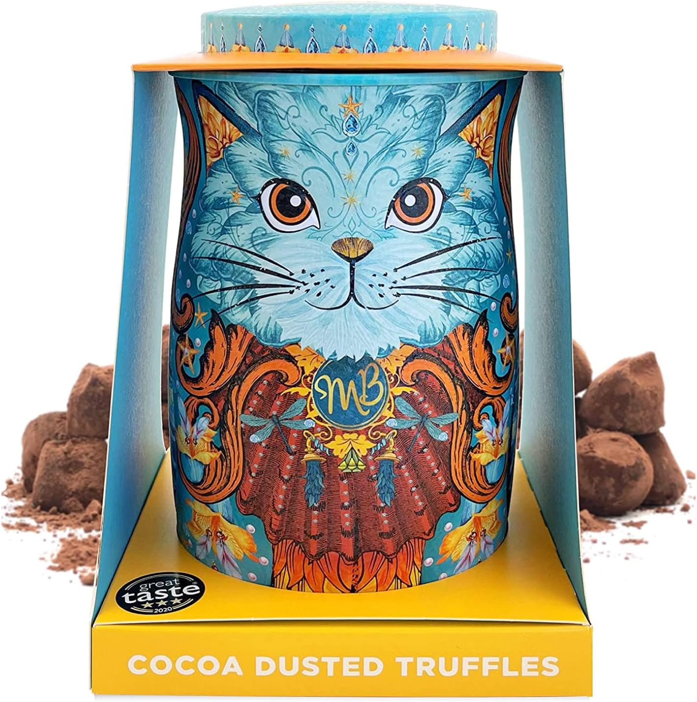 Monty Bojangles Spirit Blue Cocoa Dusted Truffles Cat Tin (4.37 oz) - Coconut Crush Luxury Chocolatey Truffles - Collectable Cat Tin Chocolate Gift
