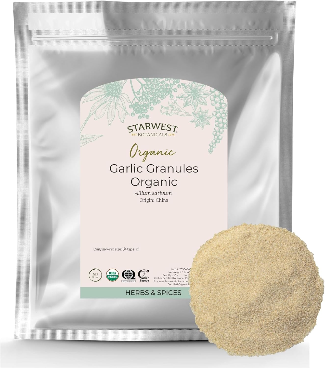 Starwest Botanicals Dried Organic Garlic Granules - Granulated Garlic Seasoning for Cooking, Herb for Rubs, Bread, Vegetables, & Meat, Aromatic & Flavorful, Certified Kosher, Non-GMO - Bulk 1 lb Bag