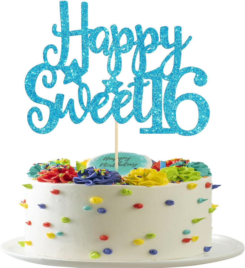 Gyufise 1Pc Happy Sweet 16 Cake Topper Glitter 16th Birthday Cake Pick for Cheers to 16 Years Old 16th Birthday Party Cake Decorations Supplies Light Blue