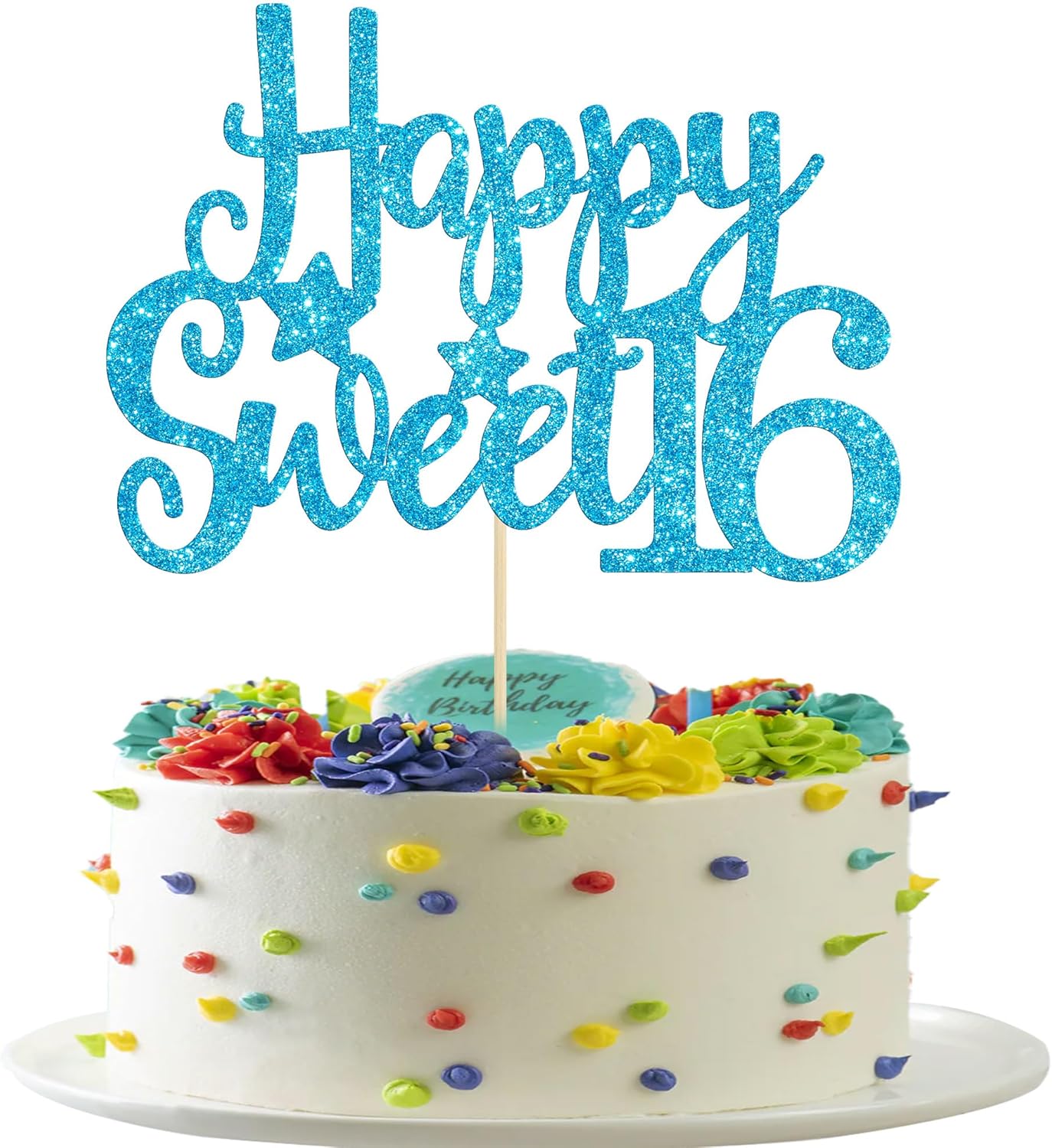 Gyufise 1Pc Happy Sweet 16 Cake Topper Glitter 16th Birthday Cake Pick for Cheers to 16 Years Old 16th Birthday Party Cake Decorations Supplies Light Blue