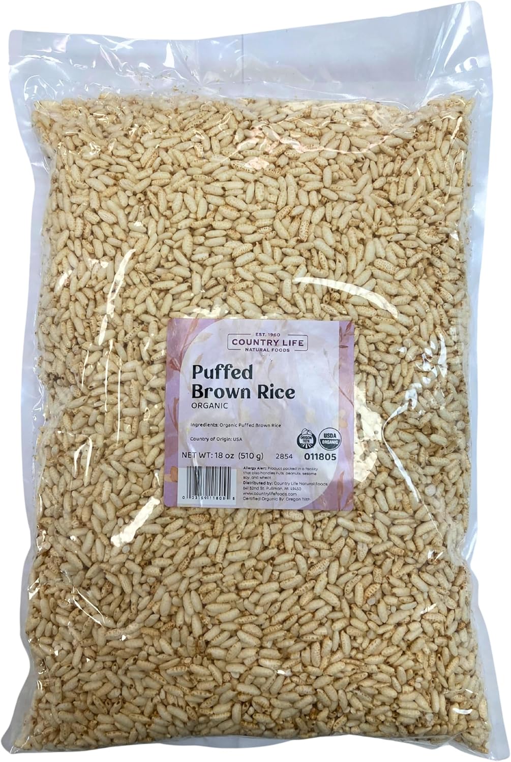 Organic Puffed Brown Rice, Non-GMO, Gluten-Free Whole Grain Snack, Toasted Flavor, 18 oz
