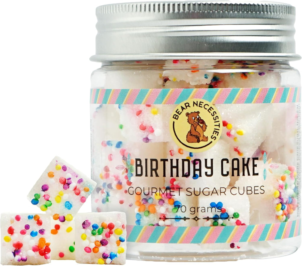 Bear Necessities Gourmet Sugar Cubes – Birthday Cake Flavor Infused Sugar Cubes Handcrafted w/Pure Cane Sugar – Perfect for Tea, Coffee, Desserts, & Parties - 70g Jar - About 35 Cubes