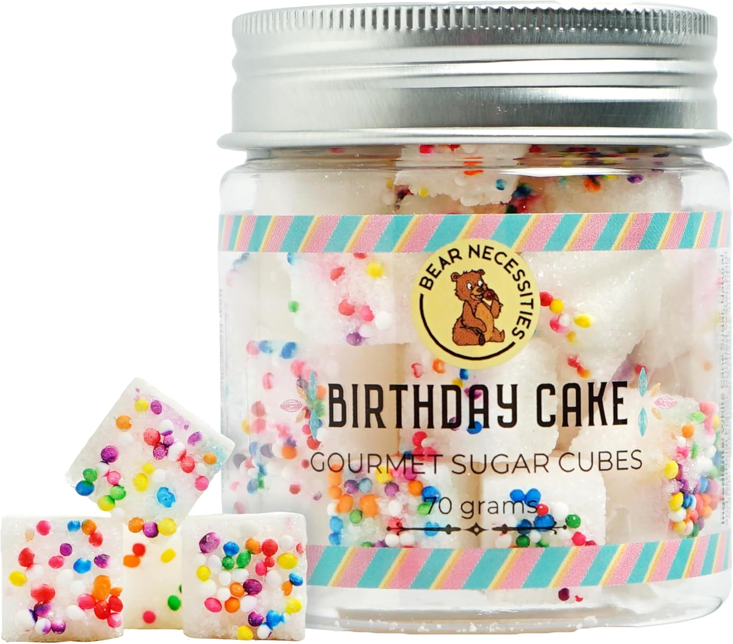 Bear Necessities Gourmet Sugar Cubes – Birthday Cake Flavor Infused Sugar Cubes Handcrafted w/Pure Cane Sugar – Perfect for Tea, Coffee, Desserts, & Parties - 70g Jar - About 35 Cubes