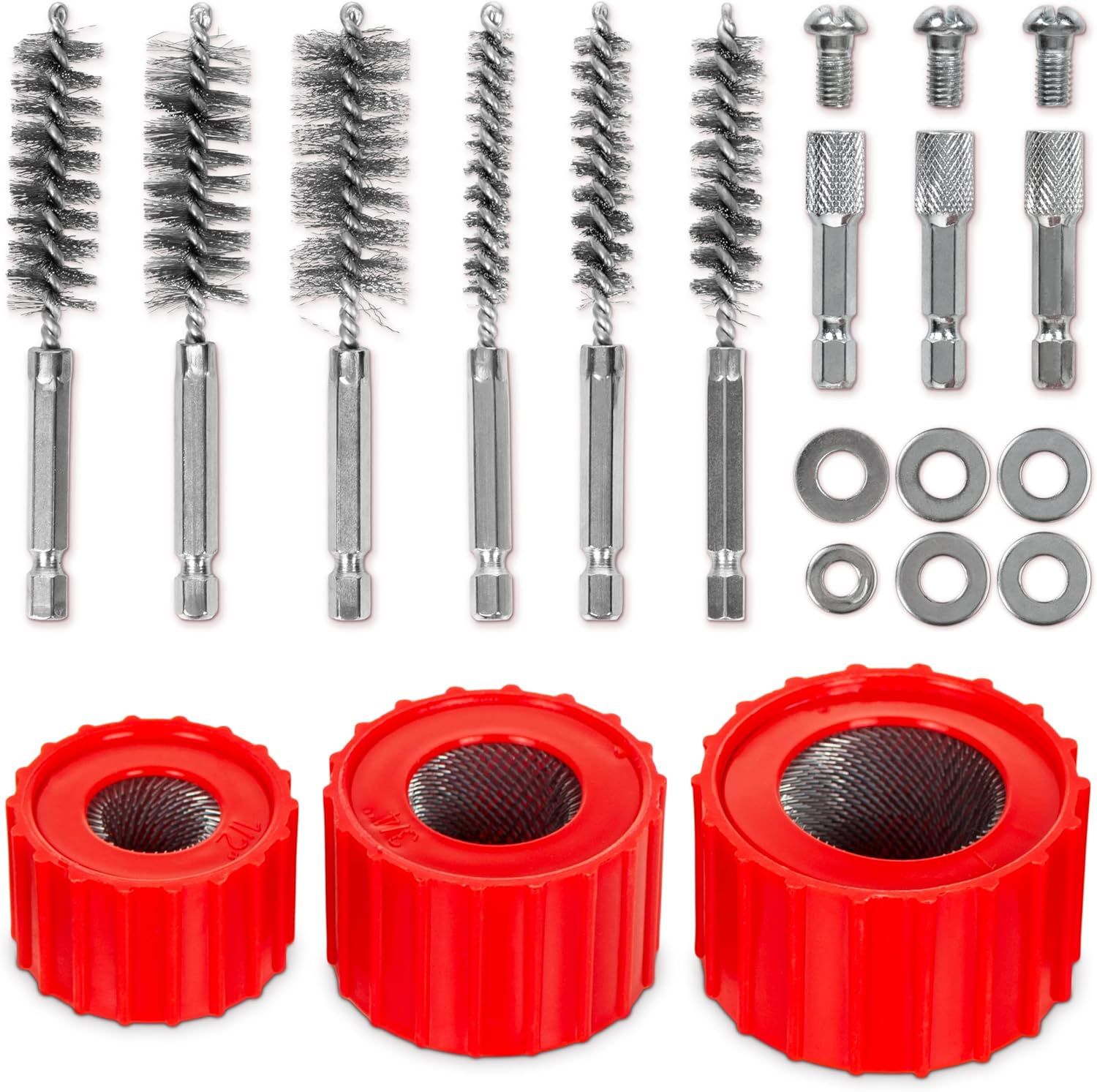 9pcs Copper Pipe Cleaner Set for Power Drill, 1/2" 3/4" 1" Tube Brush and 6pcs Stainless Steel Wire Bore Brush, Stainless-Steel Wire Bristles & 1/4” Shan, Screws and Washers Included