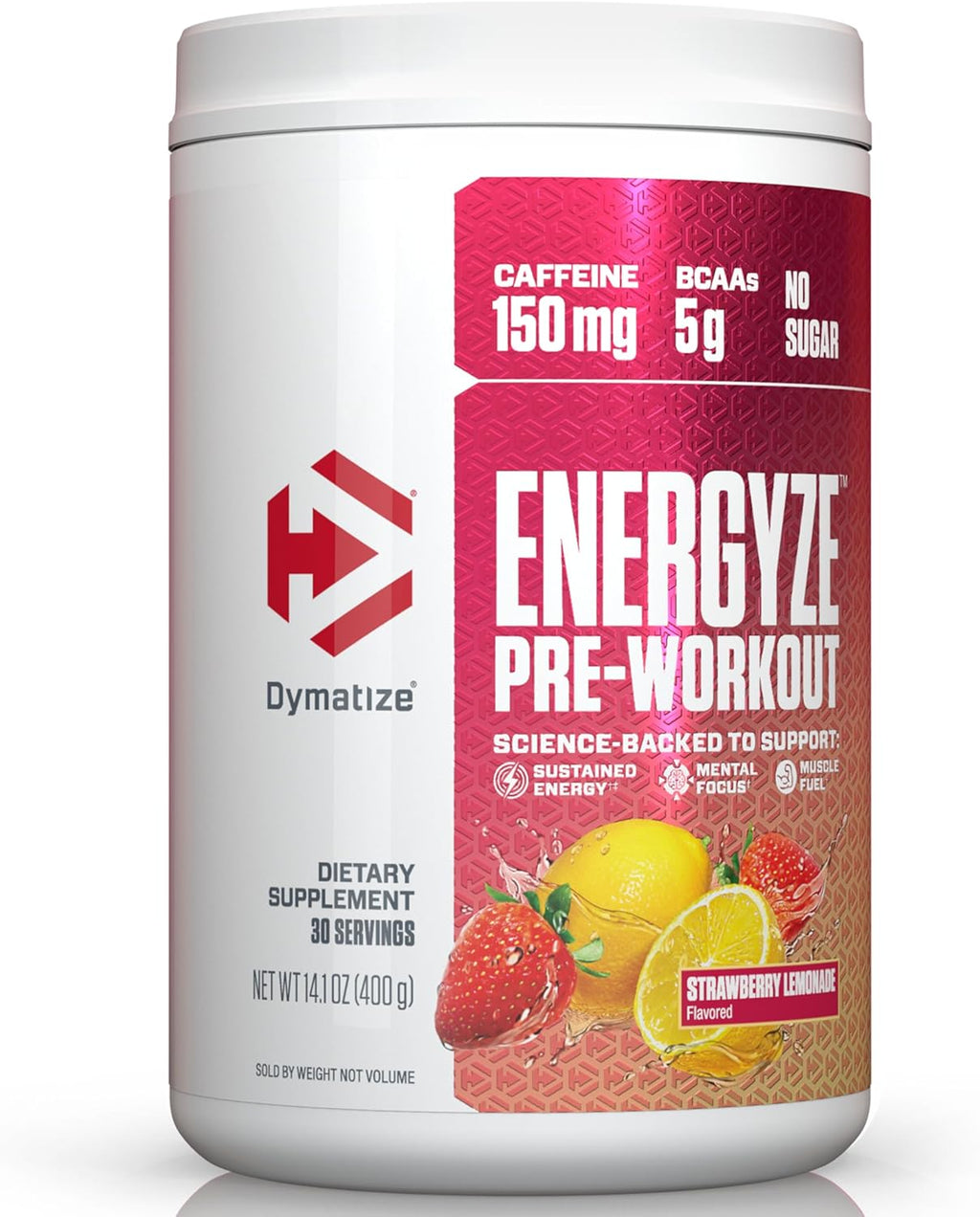 Dymatize Energyze Pre Workout Powder for Men and Women, Strawberry Lemonade, 150mg Caffeine, 5g BCAAs, Performance Blend of L-Theanine, L-Tyrosine, L-Citrulline, No Sugar (30 Servings)