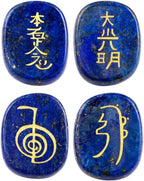 mookaitedecor 4 Piece Lapis Lazuli Stones Engraved Chakra Symbols Polished Palm Stones for Reiki Crystal Healing