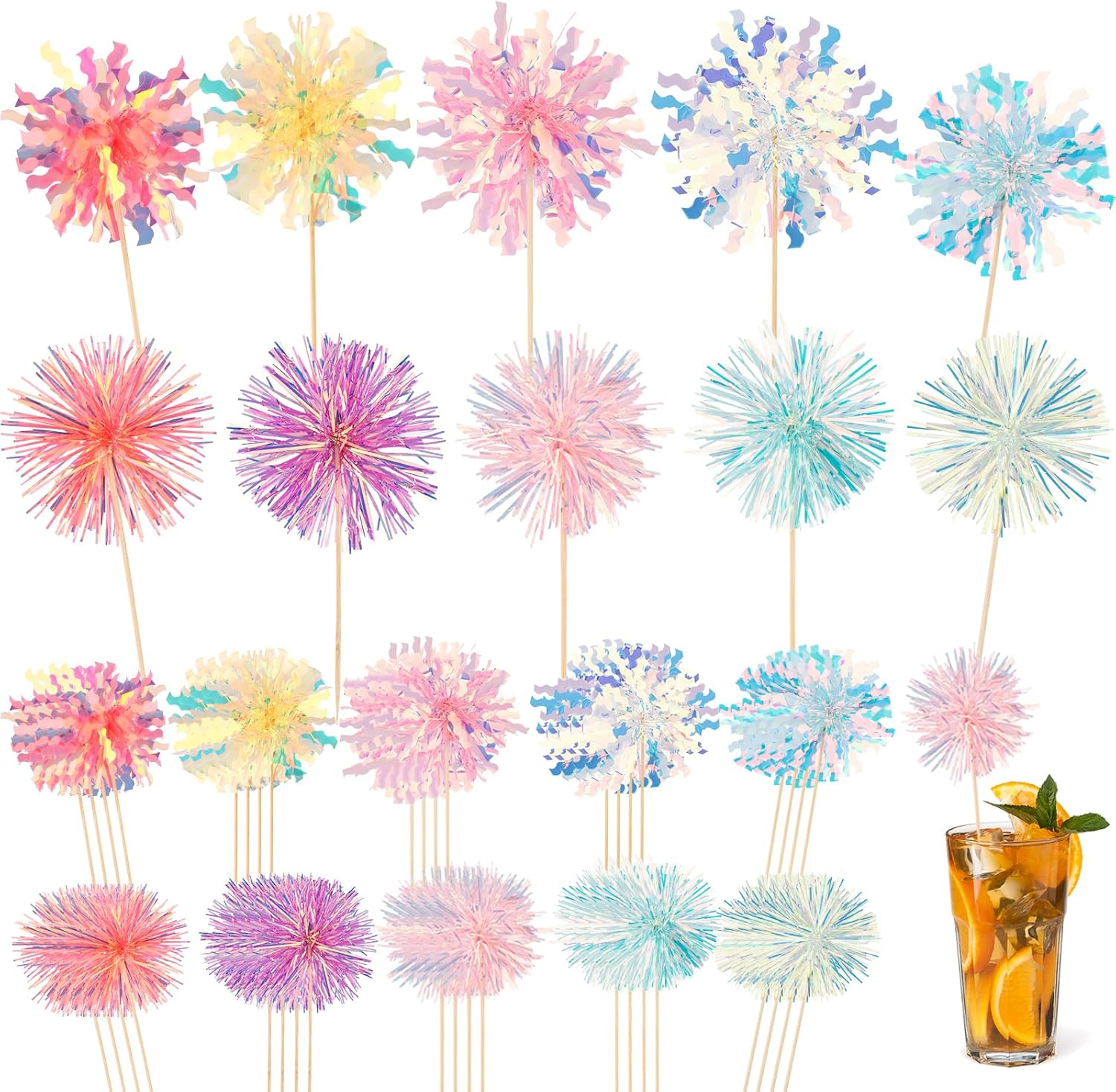 50 PCS Foil Firework Cupcake Toppers, Sparkle Tinsel Cake Toppers Flowers Cake Decoration, Happy Birthday Cake Toppers Cocktail Food Fruit Toothpick for Ceremony Christmas Party Birthday Wedding