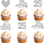 24 PCS 25th Anniversary Cupcake Toppers Glitter Heart 25 Silver Wedding Anniversary Cupcake Picks Cheers to 25 Years Cake Decorations for Happy 25th Wedding Anniversary Party Supplies