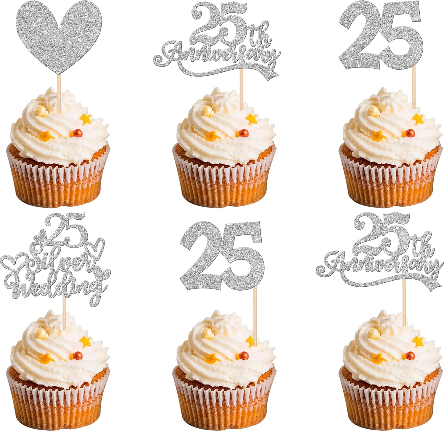 24 PCS 25th Anniversary Cupcake Toppers Glitter Heart 25 Silver Wedding Anniversary Cupcake Picks Cheers to 25 Years Cake Decorations for Happy 25th Wedding Anniversary Party Supplies