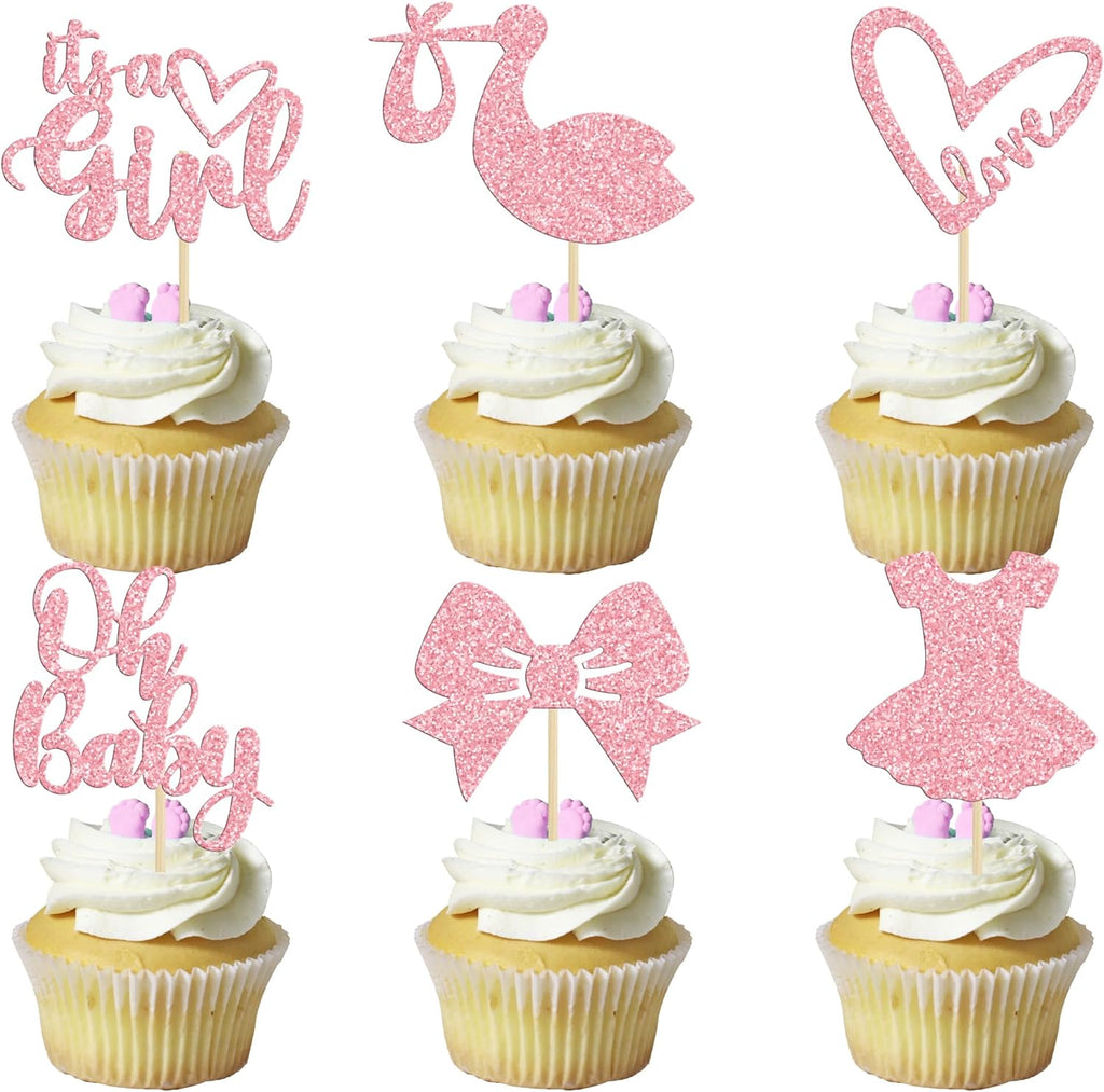 Gyufise 36 Pack Oh Baby Cupcake Toppers It's a Girl Cupcake Toppers with Bow Dress Love Heart Pink Glitter Cake Picks Decorations for Baby Shower Girl Birthday Party Supplies