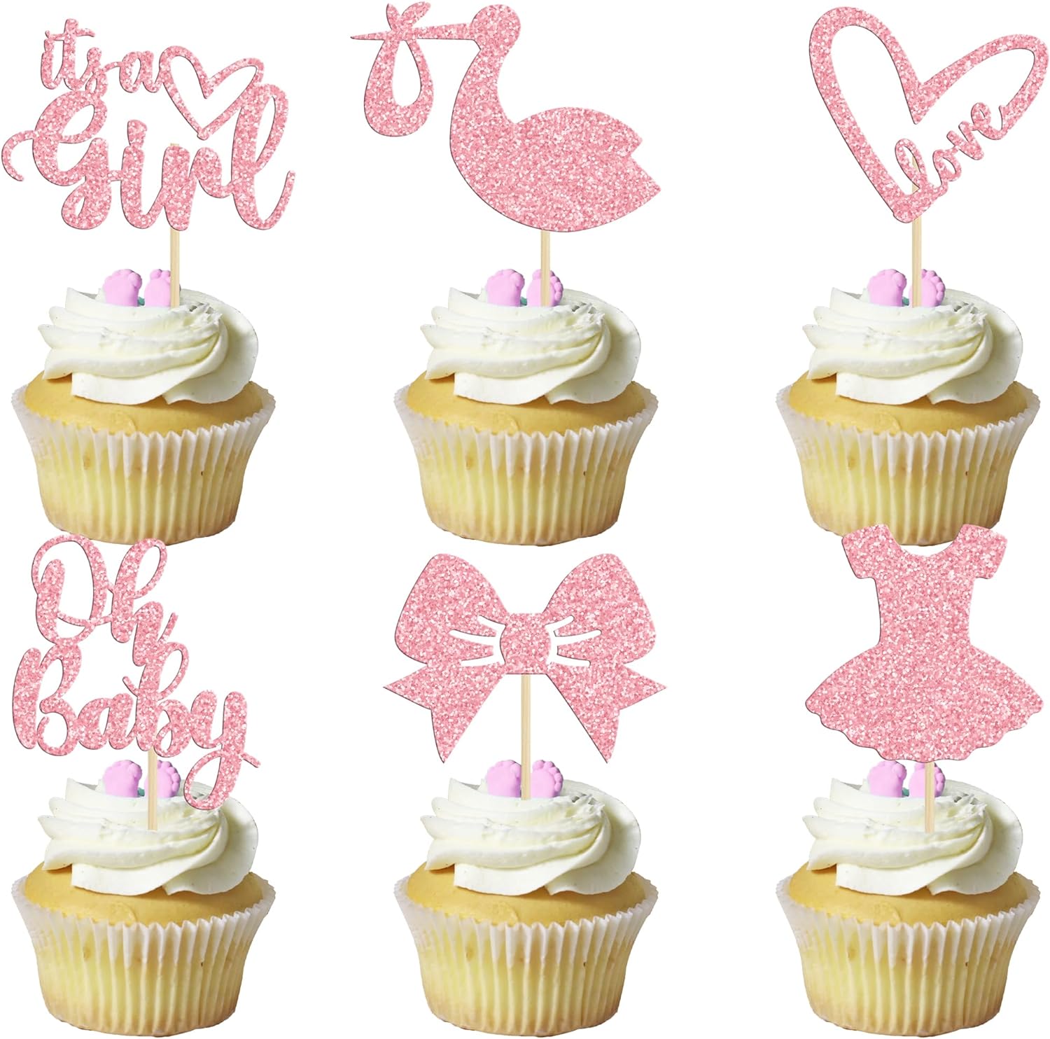 Gyufise 36 Pack Oh Baby Cupcake Toppers It's a Girl Cupcake Toppers with Bow Dress Love Heart Pink Glitter Cake Picks Decorations for Baby Shower Girl Birthday Party Supplies