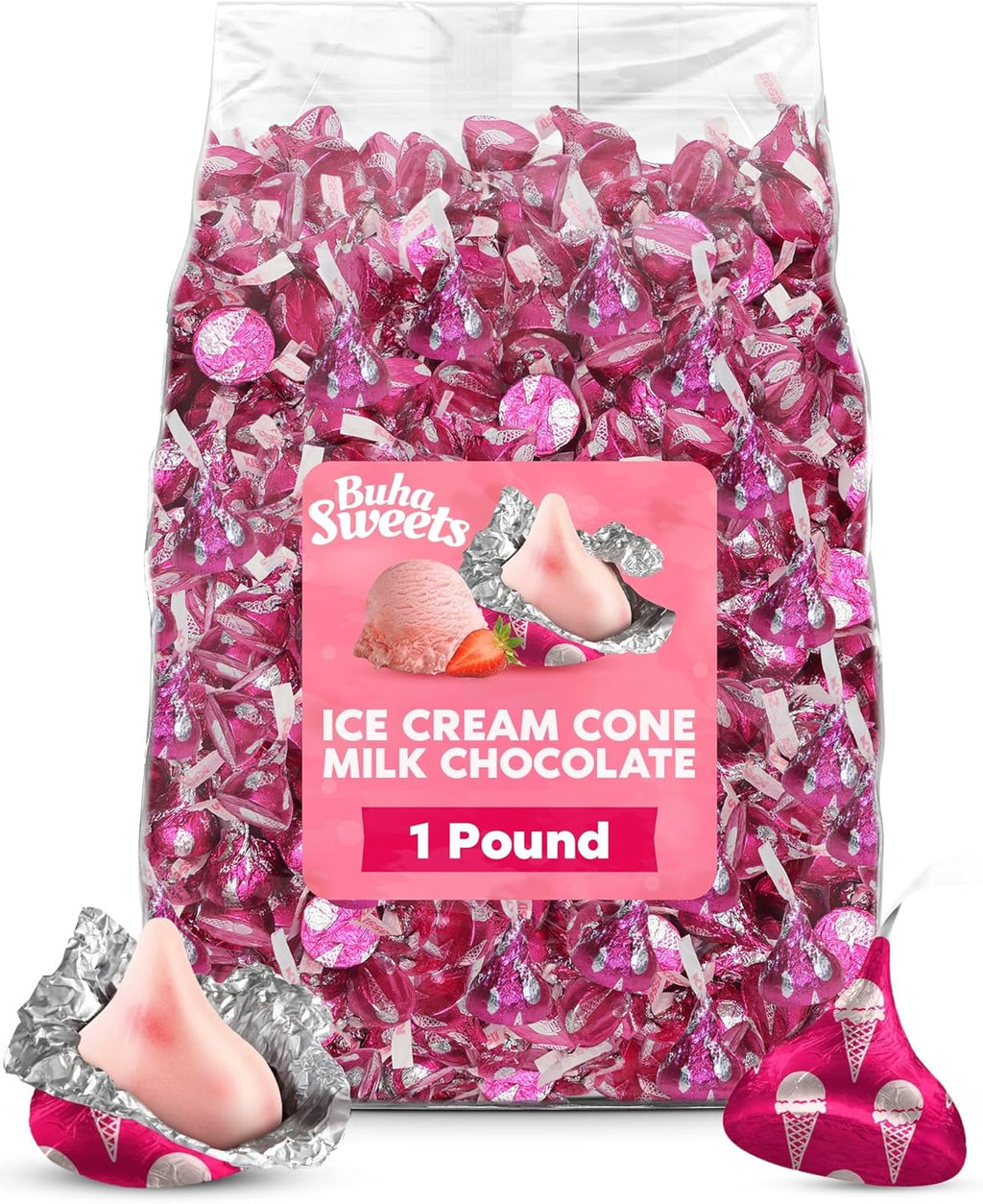 Bulk Strawberry Ice Cream Cone Flavored CandyKisses 1 Pound Bag - Bulk Individually Wrapped Milk Chocolate Candy for Parties, Buffets, Gifts, and Treats - 100 Pieces