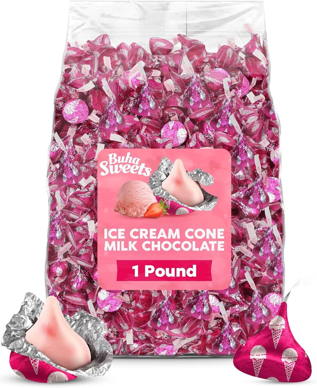 Bulk Strawberry Ice Cream Cone Flavored CandyKisses 1 Pound Bag - Bulk Individually Wrapped Milk Chocolate Candy for Parties, Buffets, Gifts, and Treats - 100 Pieces
