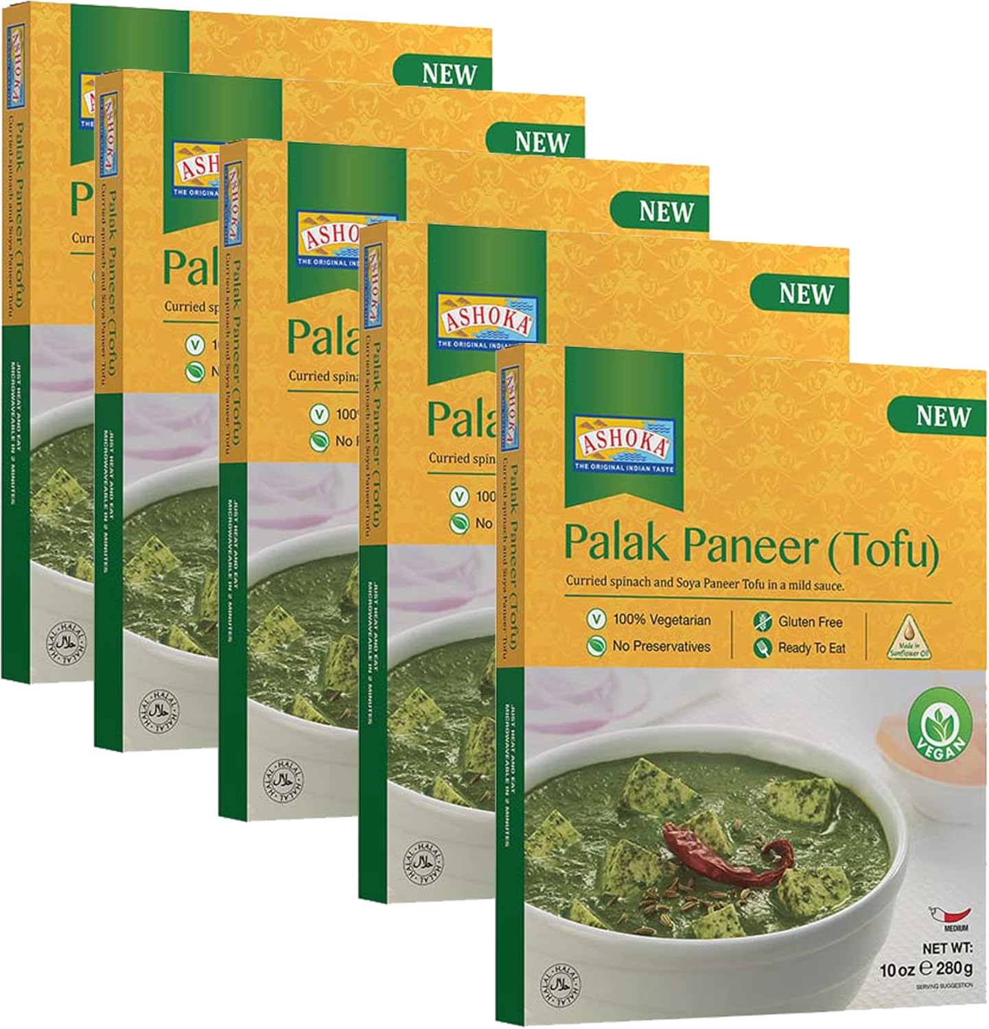 Ashoka Entrees 1932, Plant-Based Tofu & Spinach Curry, All-Natural, Ready to Eat Meals, Palak Paneer, Kosher Certified, Great for Offices, Instant Meals with No Preservatives, Pack of 10
