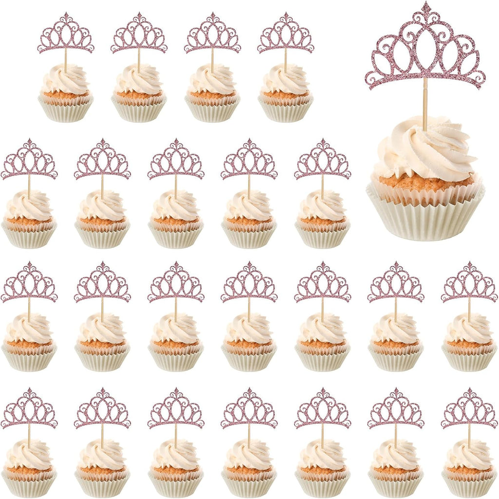 24Pcs Pink Crown Cupcake Toppers Glitter Queen Crown Cupcake Picks Princess Crown Cake Toppers for Queen Princess Theme Baby Shower Wedding Girls Birthday Party Cake Decorations Supplies(Pink)