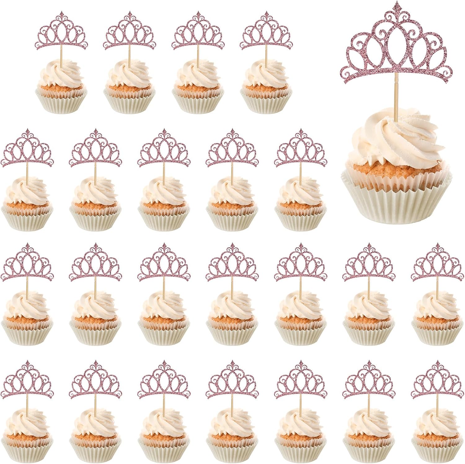 24Pcs Pink Crown Cupcake Toppers Glitter Queen Crown Cupcake Picks Princess Crown Cake Toppers for Queen Princess Theme Baby Shower Wedding Girls Birthday Party Cake Decorations Supplies(Pink)