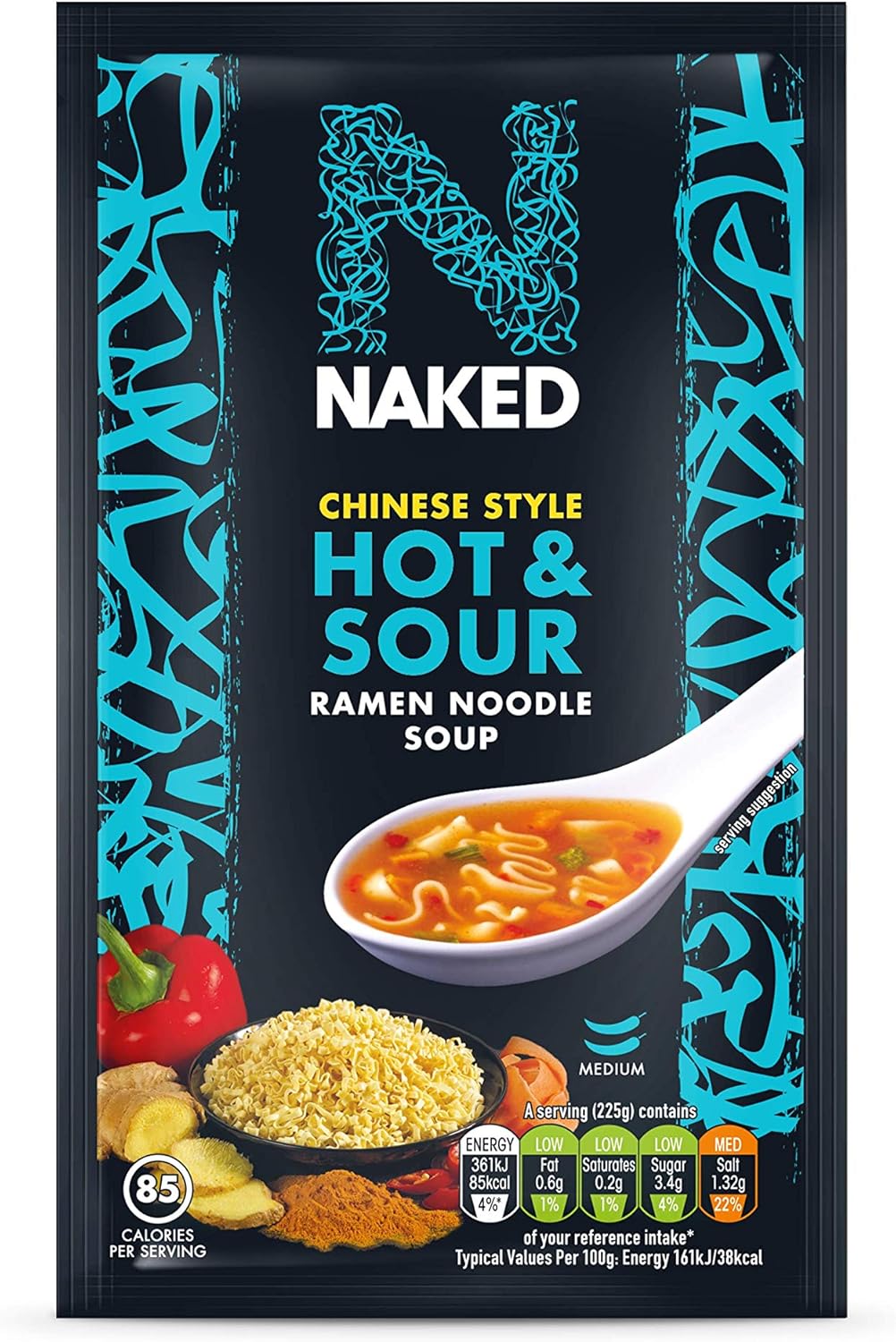 Naked Chinese Style Hot and Sour Ramen Noodle Soup, 25 g (Pack of 12)