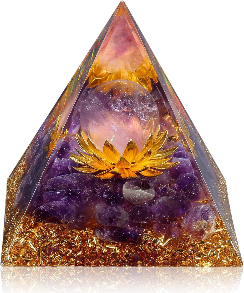 Hopeseed Orgone Crystal Pyramid for Positive Energy, Flower of Life Orgonite Amethyst Healing Crystals Pyramid for Reduce Stress Chakra Healing Meditation Attract Lucky, with 2 White Crystals Stones