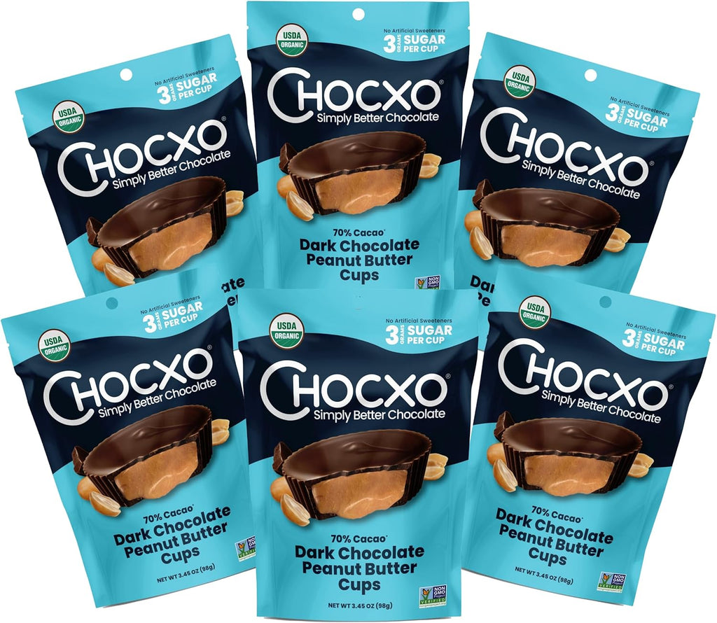 Chocxo Dark Chocolate Peanut Butter Cups - Lower Sugar, Organic, NonGMO, Keto, Gluten Free, Kosher. No Artificial Sweeteners/Sugar Alcohols, 3.45 oz (Pack of 6)