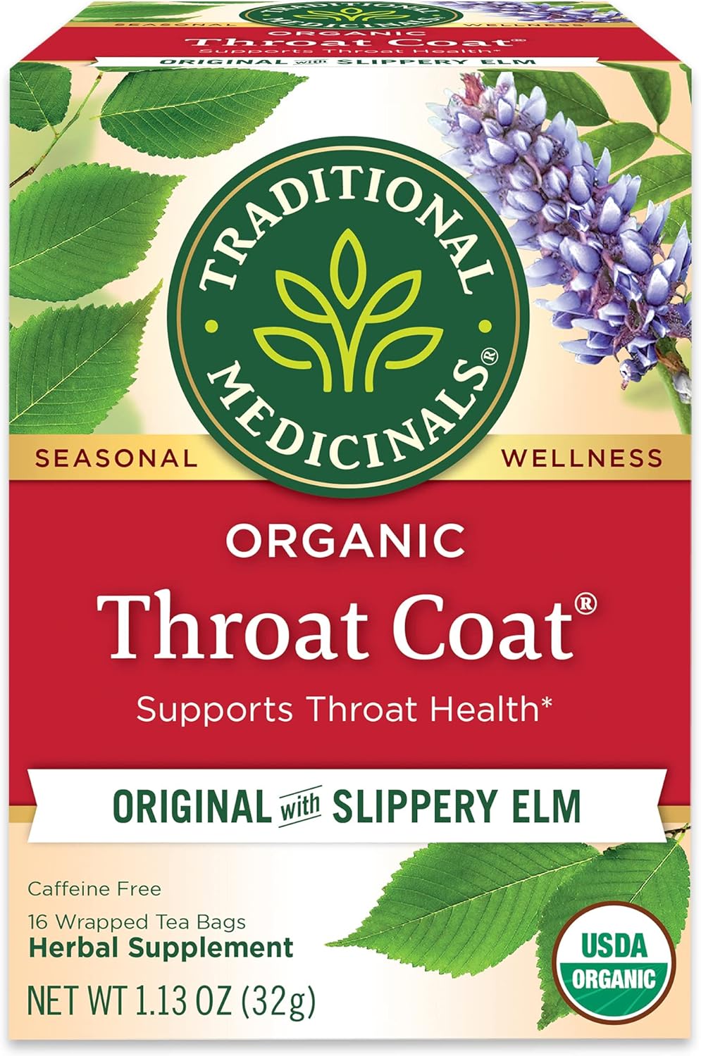 Traditional Medicinals Organic, Throat Coat Tea, Original with Slippery Elm - Supports Throat Health - Kosher, Non-GMO, Caffeine-Free, Compostable - 16 Tea Bags