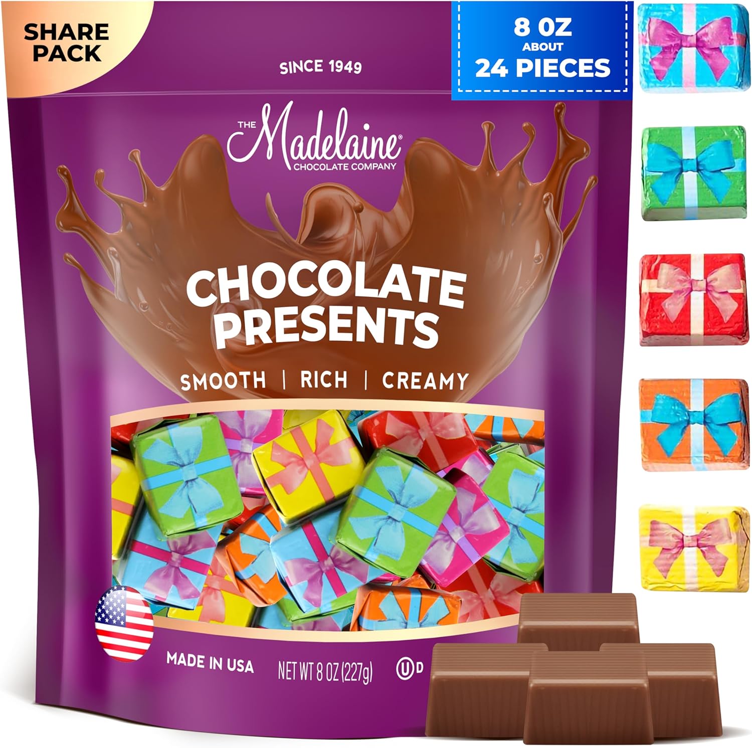 Madelaine Premium Solid Milk Chocolate Presents Candy – Individually Wrapped Gift-Shaped Chocolates in Colorful Italian Foil, Holiday & Birthday Party Favors – 8 oz Bag