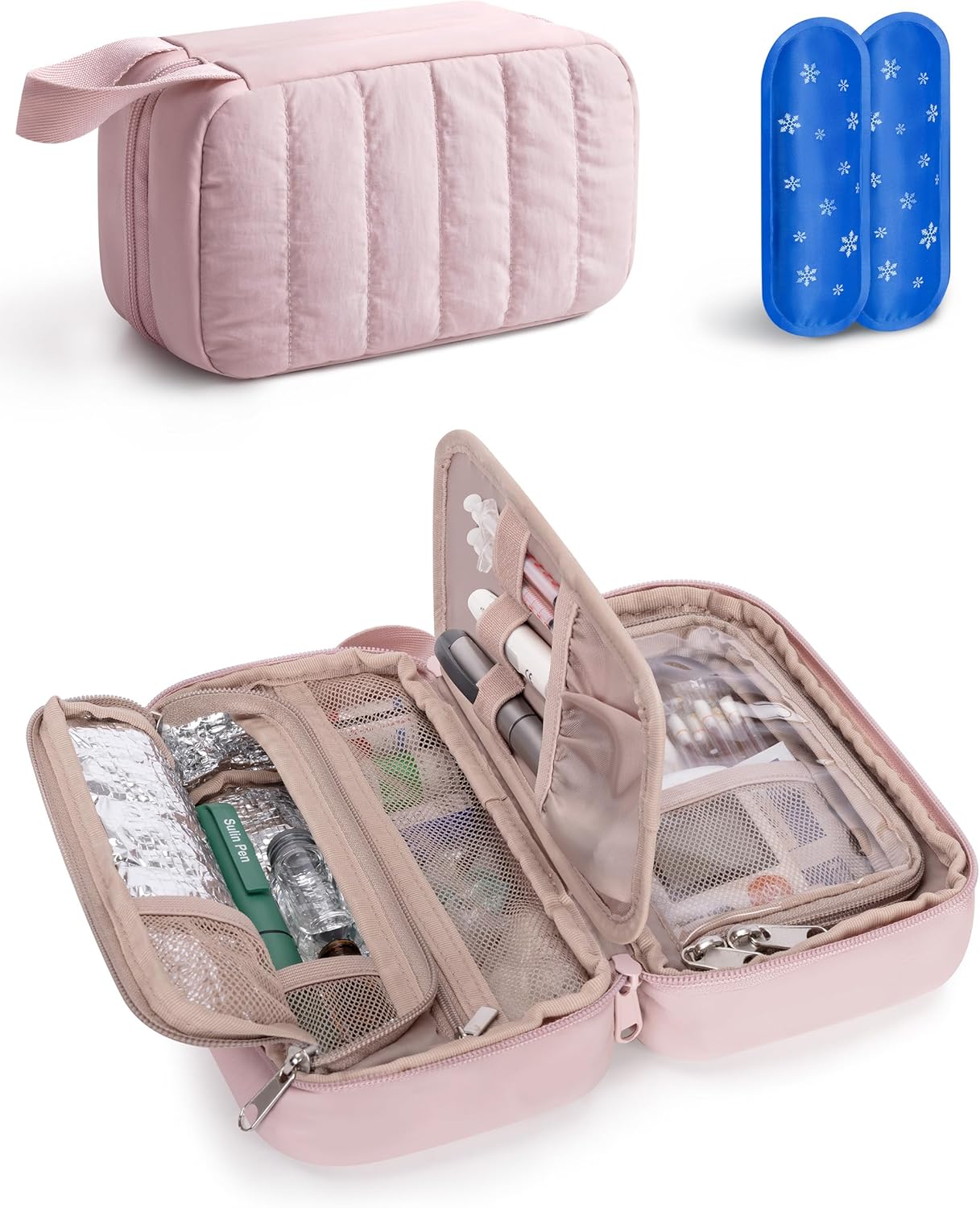 Marscamd Puffy Diabetes Travel Case with 2 Ice Packs, Insulin Cooler Travel Case with Multiple Pockets, Pink
