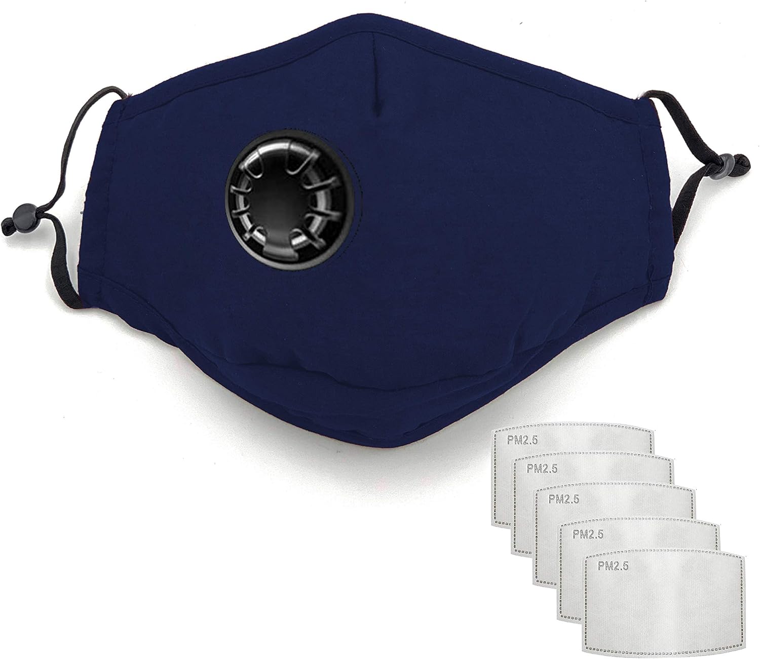 Premium Cotton Reusable Washable Face Mask with Breathing Valve & Filter Pocket (Included 5 FREE Filters) (Navy, 3 Pieces)