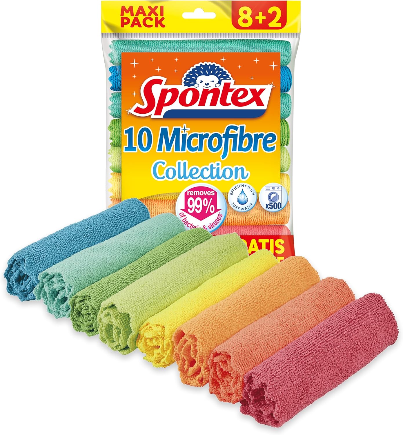 Spontex - 8 + 2 Free Multi-Purpose Microfiber Cloths, 1 Pack of Multicolor Cloths