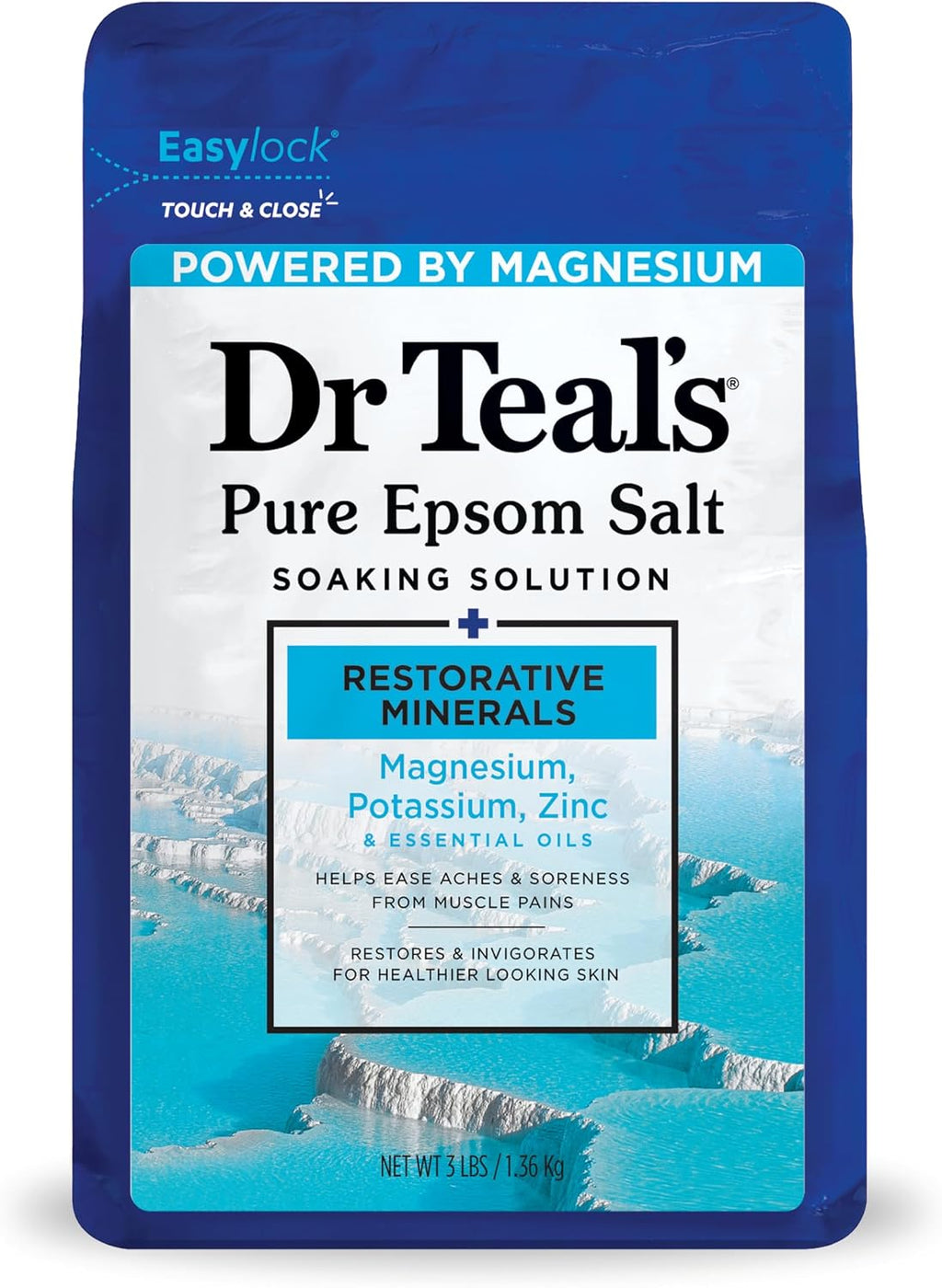Dr Teal's Pure Epsom Salt, Restorative Minerals with Magnesium, Potassium & Zinc, 3 lbs