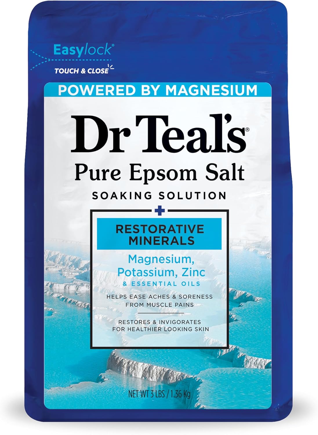 Dr Teal's Pure Epsom Salt, Restorative Minerals with Magnesium, Potassium & Zinc, 3 lbs