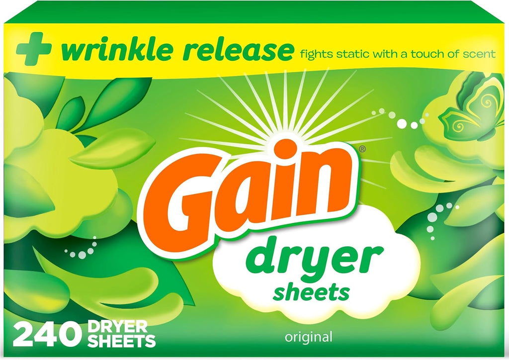 Gain Dryer Sheets Plus Wrinkle Release, Original Scent, 240 Count, Wrinkle Reducing Anti Static Laundry Sheet