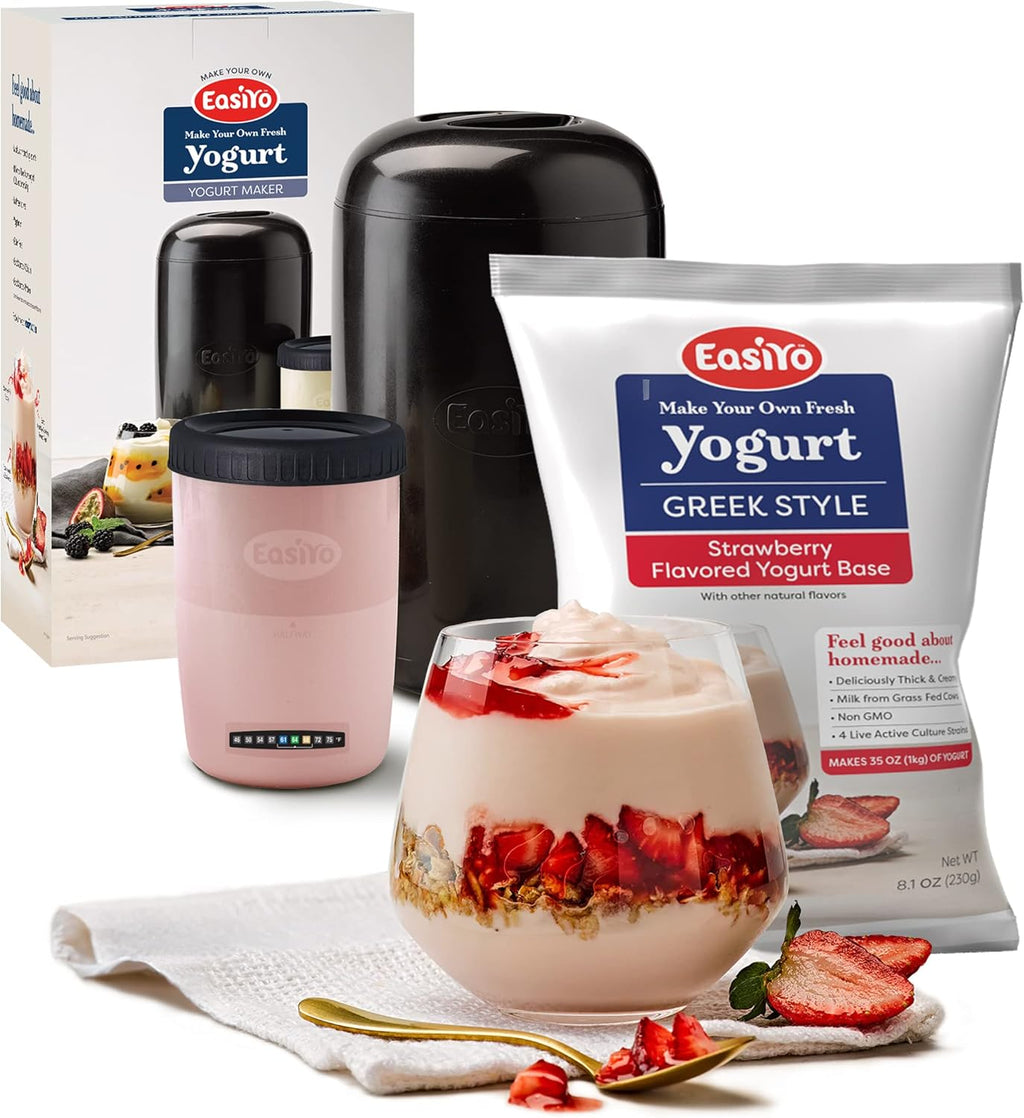 EasiYo Yogurt Starter Kit | EasiYo Yogurt Maker, Storage Jar and Greek Style Strawberry Flavored Yogurt Base (35oz, Makes 7 Servings) | Fresh Homemade Yogurt | New Zealand Milk from Grass Fed Cows