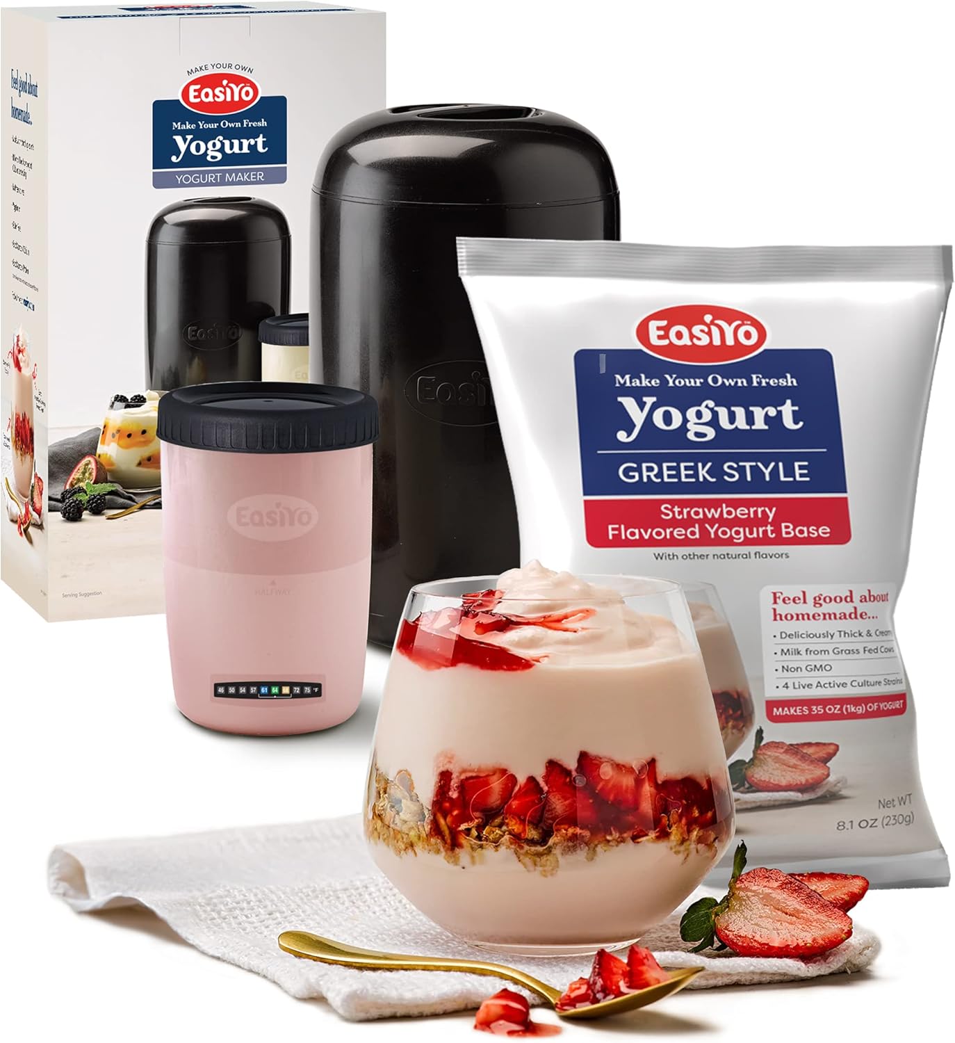 EasiYo Yogurt Starter Kit | EasiYo Yogurt Maker, Storage Jar and Greek Style Strawberry Flavored Yogurt Base (35oz, Makes 7 Servings) | Fresh Homemade Yogurt | New Zealand Milk from Grass Fed Cows